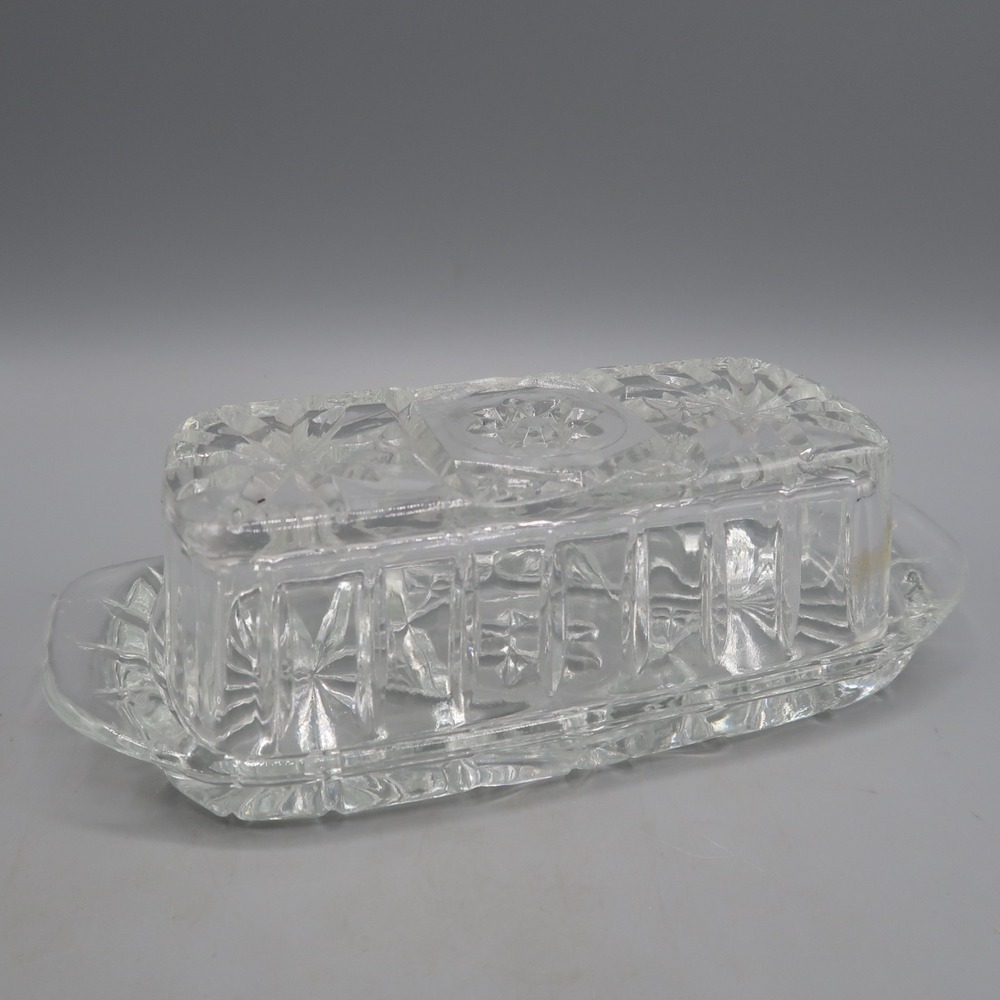Vintage Anchor Hocking Star of David Pattern Butter Dish Pressed Glass American‎